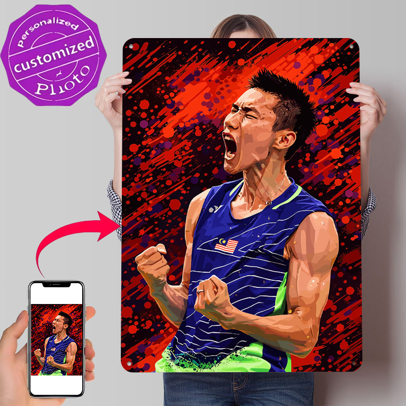 Badminton Victory - โปสเตอร์ลายพิมพ์ 3 มิติ นักแบดมินตันกำลังเฉลิมฉลองชัยชนะ งานศิลปะตกแต่งผนังแบบส่วนตัว ป้ายโลหะสไตล์เรโทรสำหรับตกแต่งห้องและบ้าน